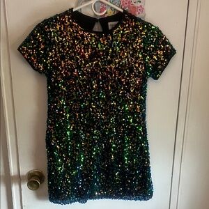 Girls Medium Sequin Shift Dress in Multicolor Green & Blue